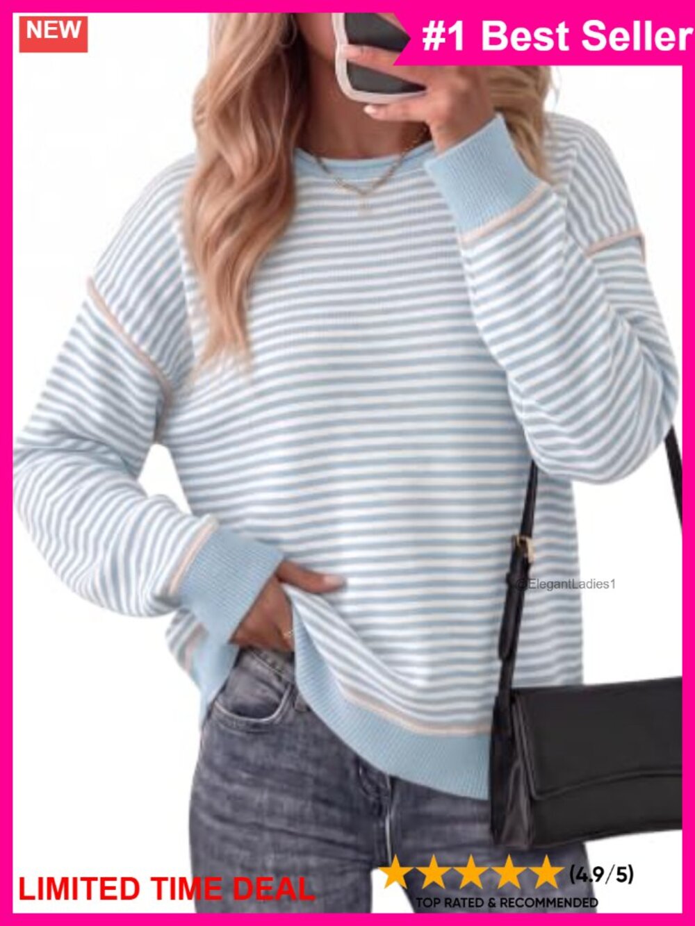 Womens Oversized Striped Knit Pullover Sweater Crew Neck Long Sleeve